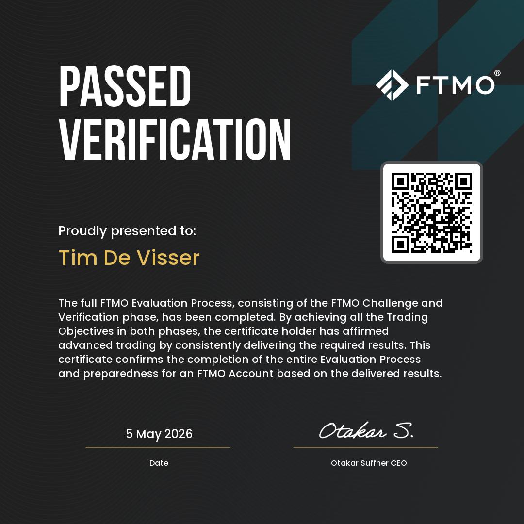 FTMO Passed Verification certificate — Tim De Visser