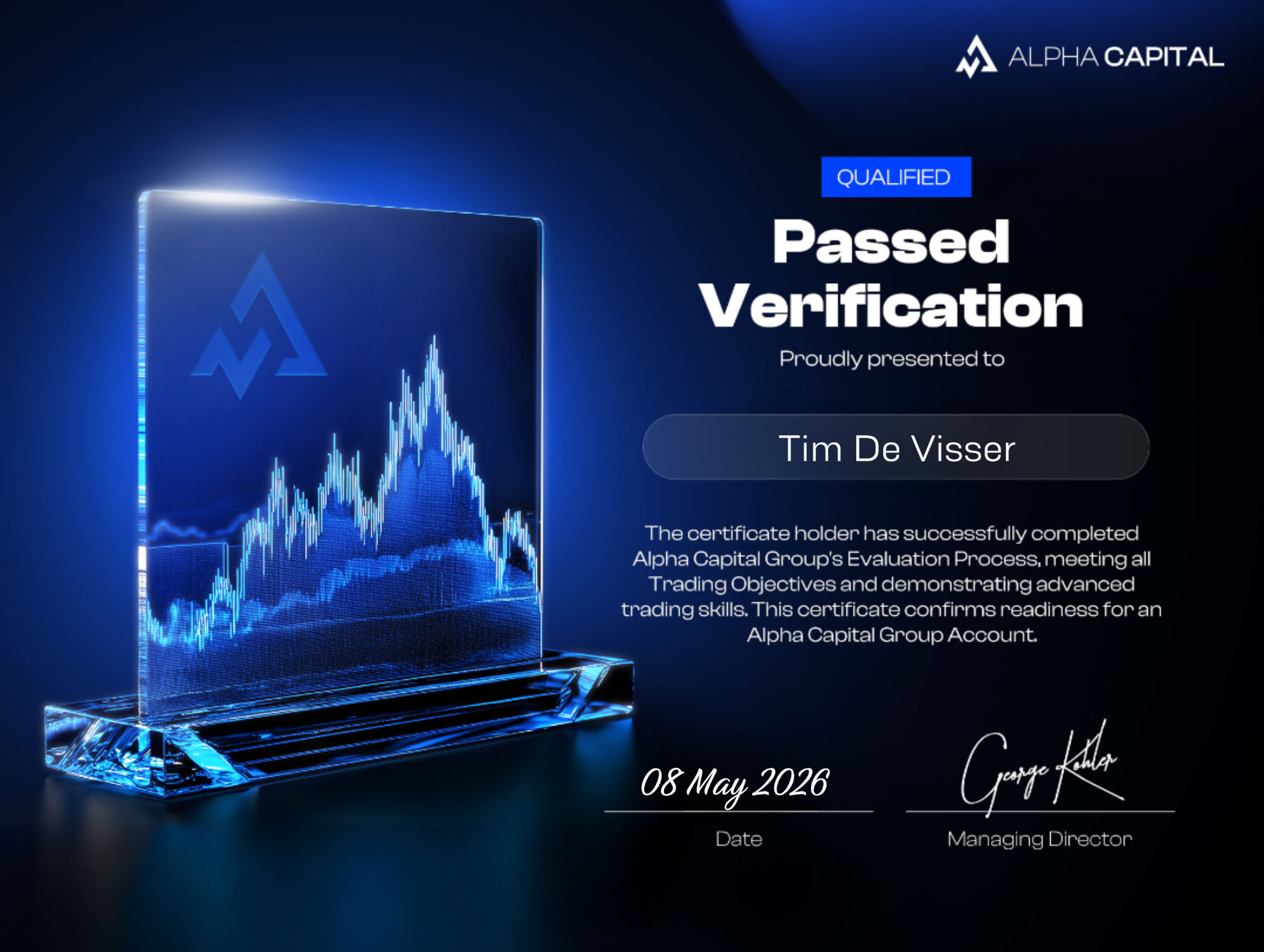 Alpha Capital Group Passed Verification certificate — Tim De Visser